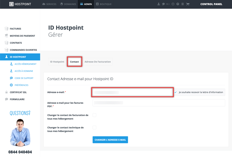 Contact Adresse e-mail pour Hostpoint ID